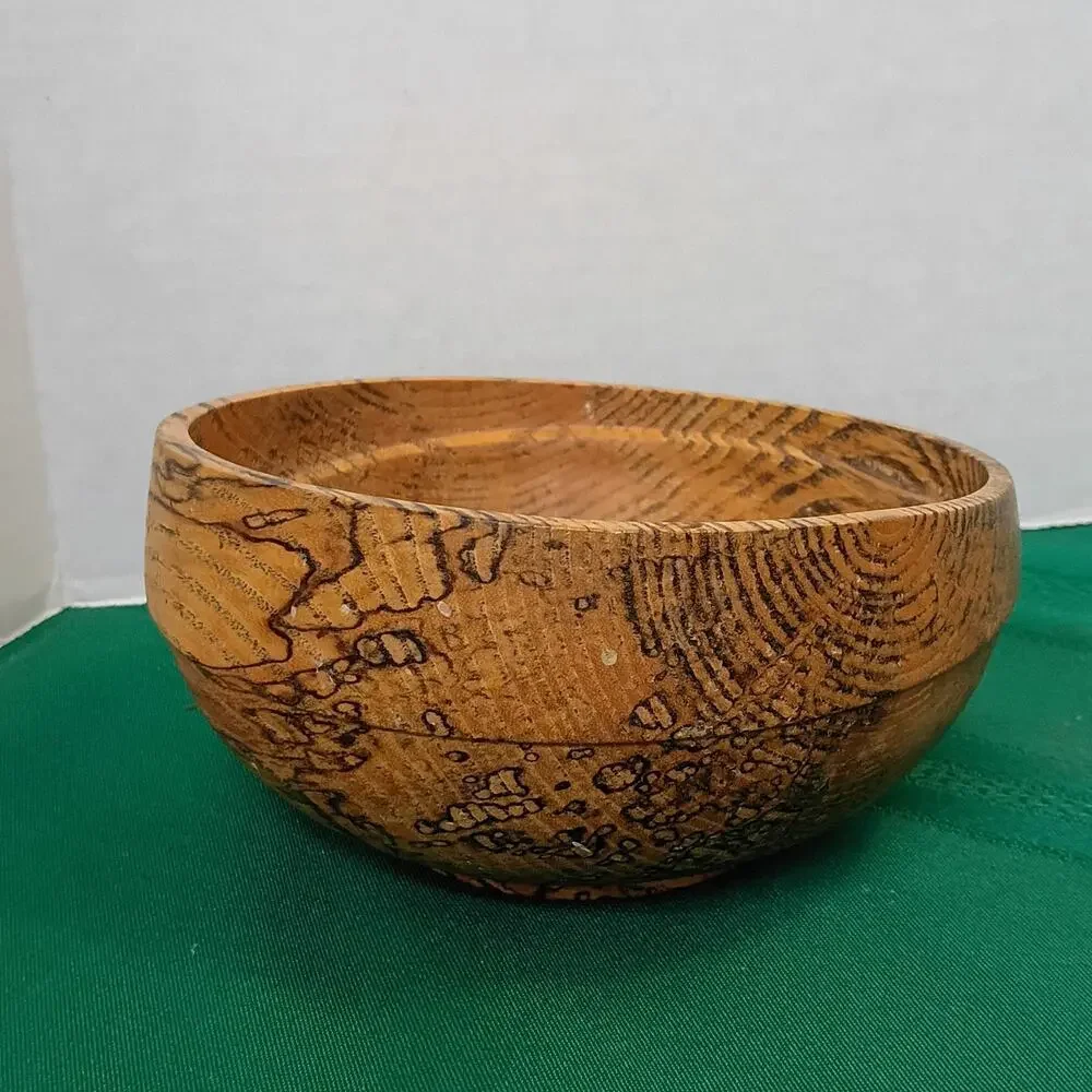 Hand Turned Spalted Water Oak Wood Bowl Slanted Rim Natural Edge Decorative Art